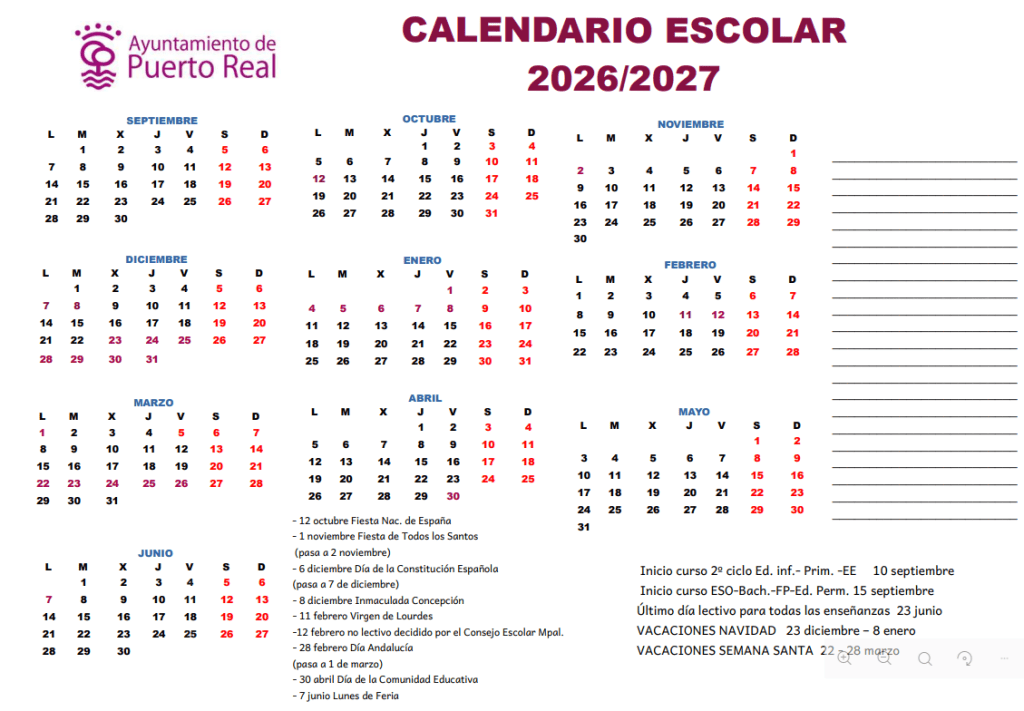 Calendario escolar 2026/2027 en Puerto Real